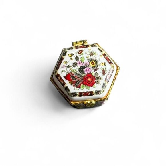 Vintage Floral Porcelain Trinket Box Gold Tone Hexagon Mini Jewelry Box - Picture 2 of 7